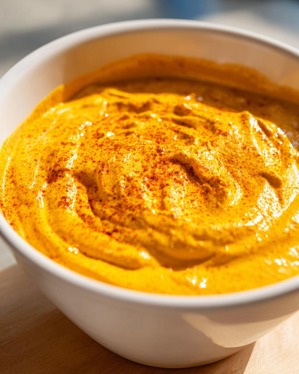 Close-up of a vibrant, creamy orange beer cheese dip, dusted with paprika, served in a white bowl.