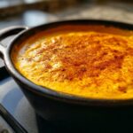 A close-up, appetizing shot of warm, bright orange beer cheese dip topped with a sprinkle of paprika in a small black serving crock.