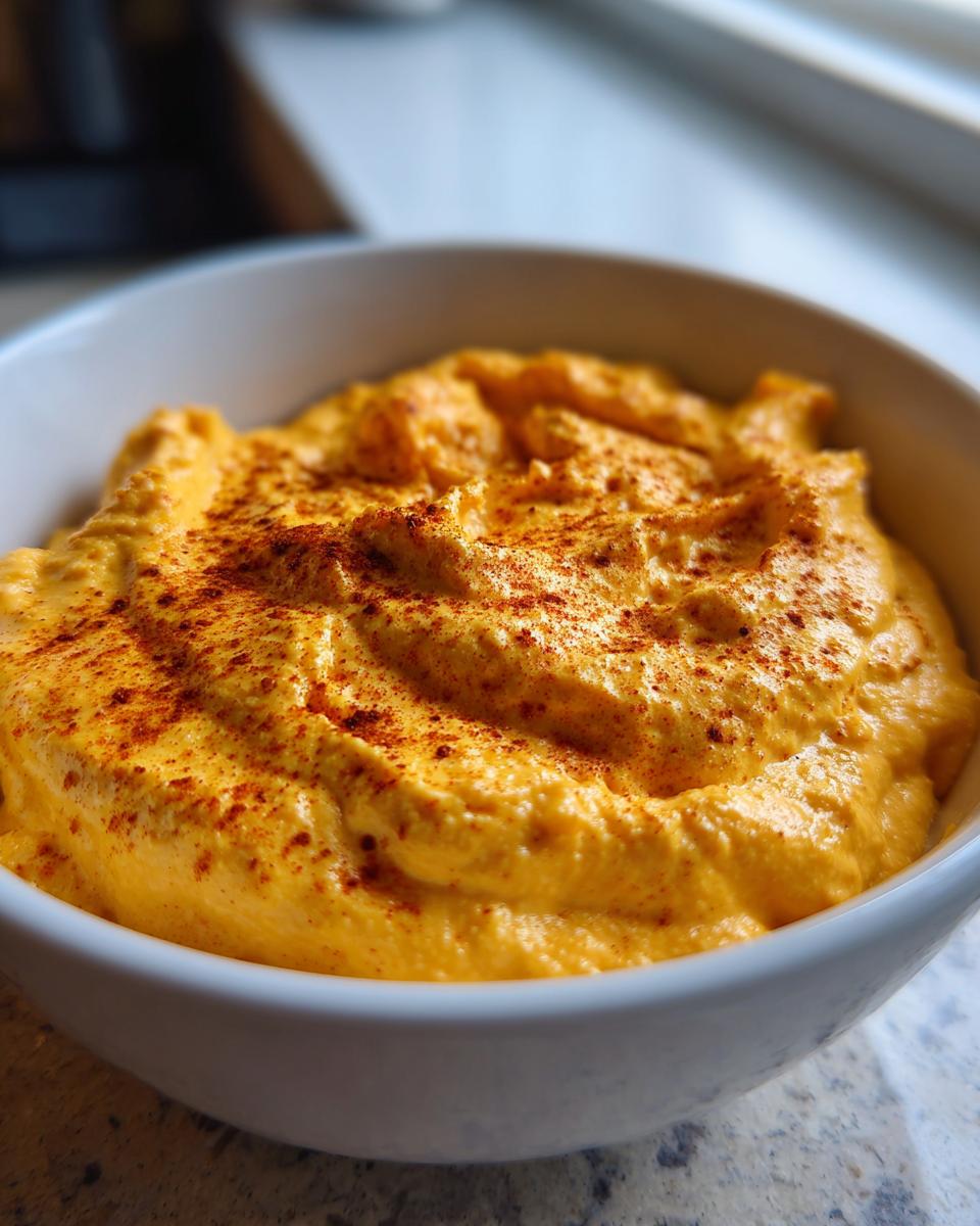 A close-up, vibrant shot of creamy, orange beer cheese dip topped with a sprinkle of red paprika in a white bowl.