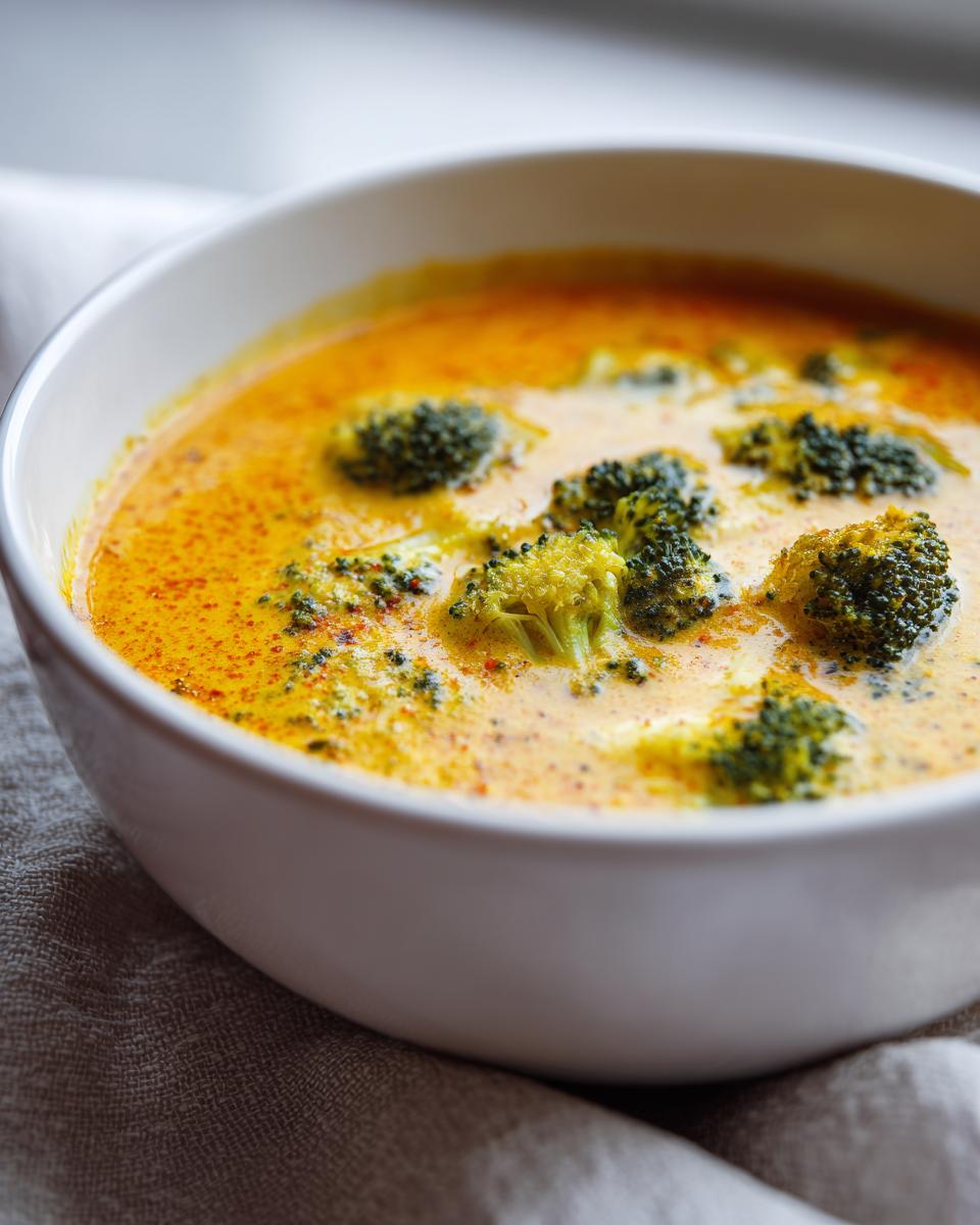 Close-up of a white bowl filled with rich, orange-yellow broccoli cheddar soup, featuring visible florets of green broccoli.