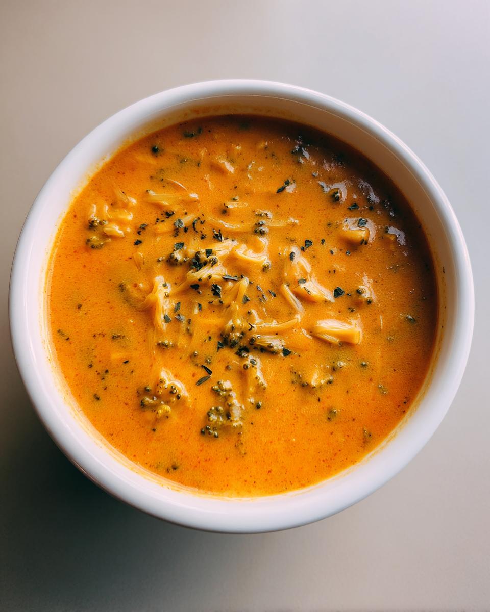 Overhead view of a creamy, orange-hued broccoli cheddar soup topped with shredded cheese and dried herbs in a white bowl.