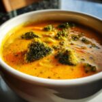 Close-up of a vibrant, creamy orange-yellow broccoli cheddar soup filled with dark green broccoli florets in a white bowl.