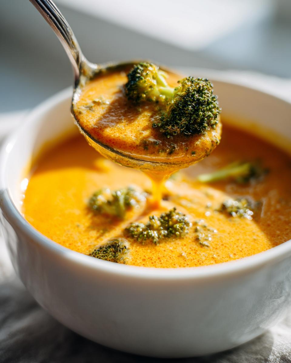 A spoonful of rich, orange broccoli cheddar soup lifted from a white bowl, showing visible broccoli florets.