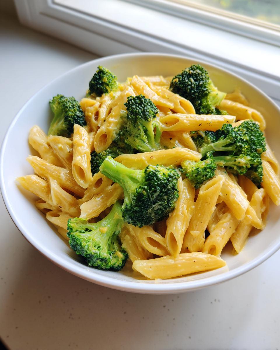 A close-up of creamy penne broccoli pasta tossed in a rich, light-yellow sauce, served in a white bowl.