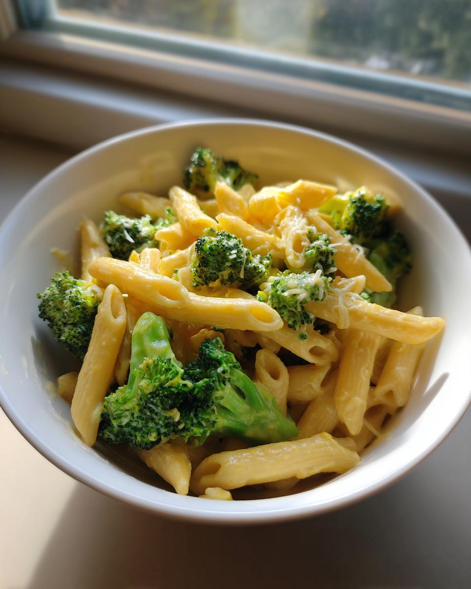 A close-up of creamy broccoli pasta featuring penne noodles and bright green florets in a white bowl.