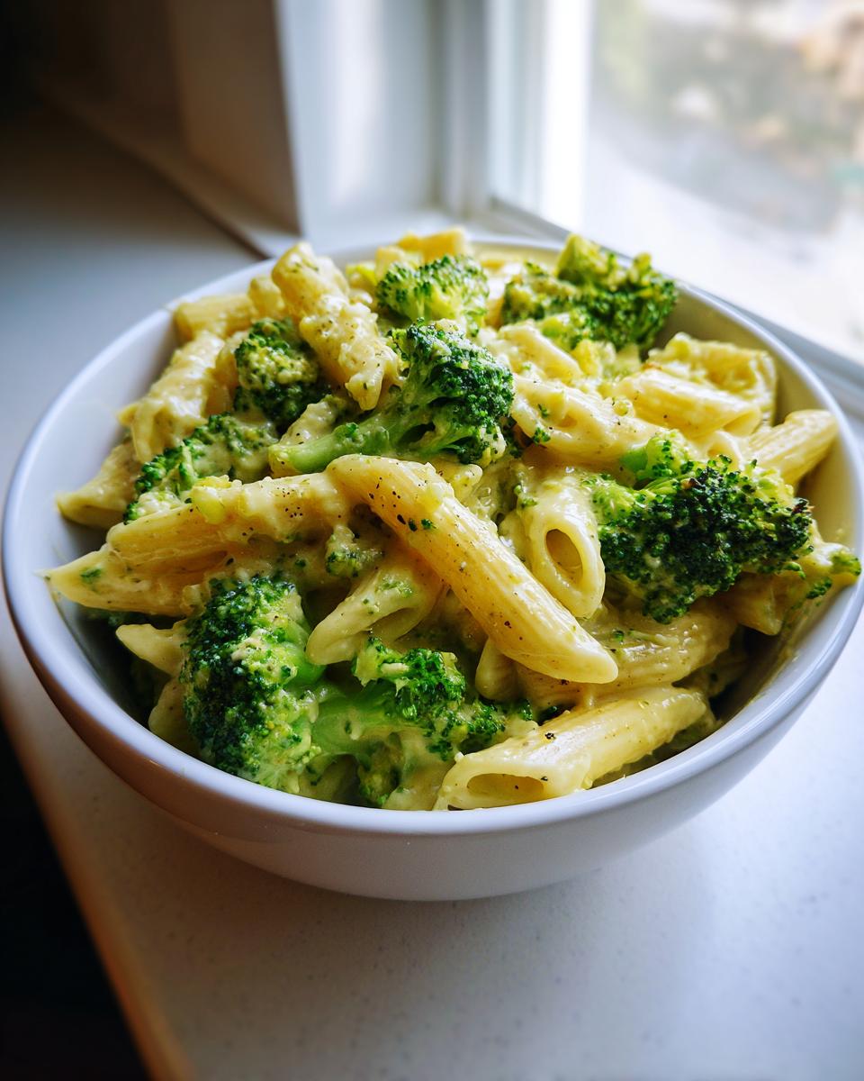 A close-up of creamy broccoli pasta made with penne, served in a white bowl near a window.