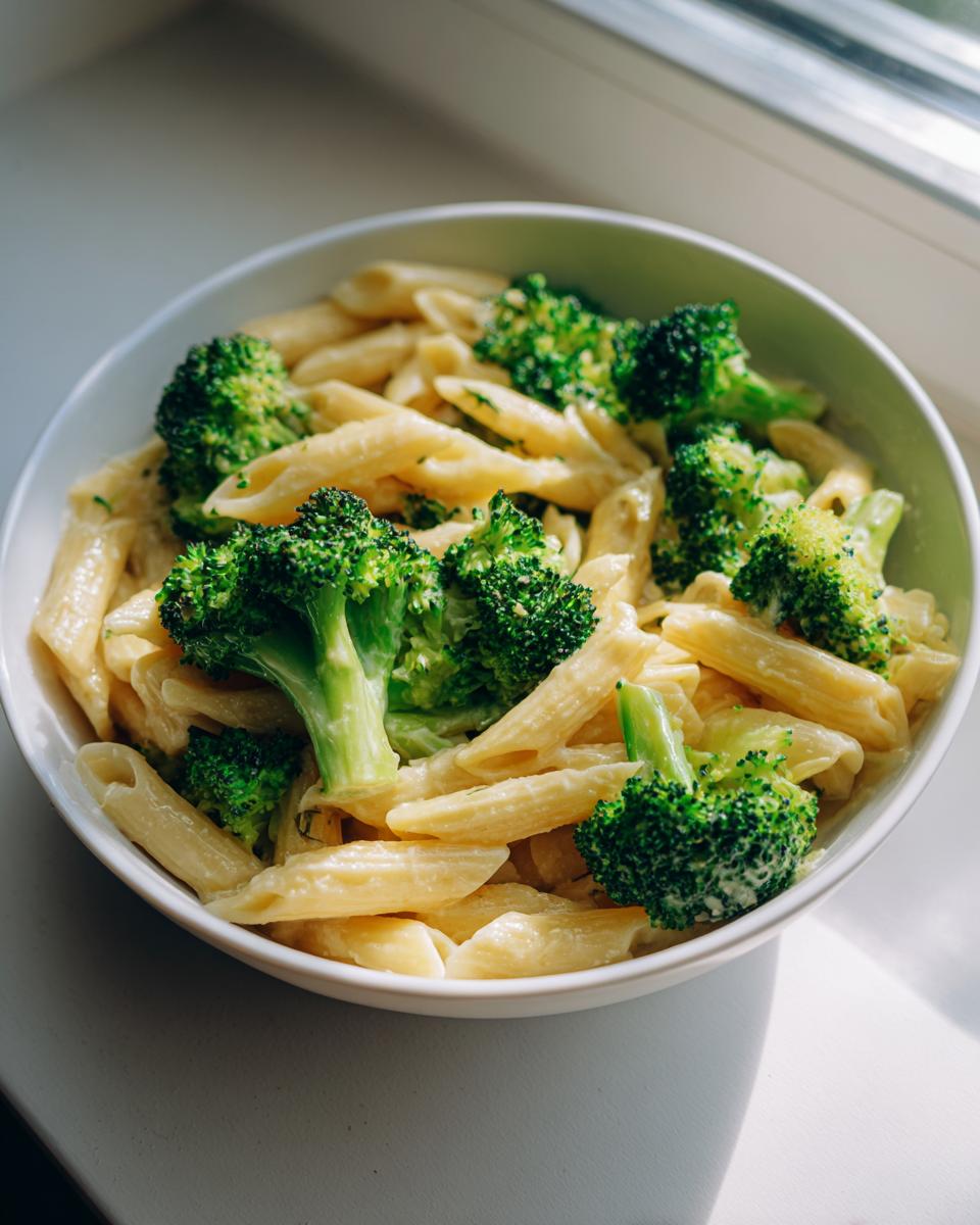 A close-up of creamy penne broccoli pasta served in a white bowl near a window.