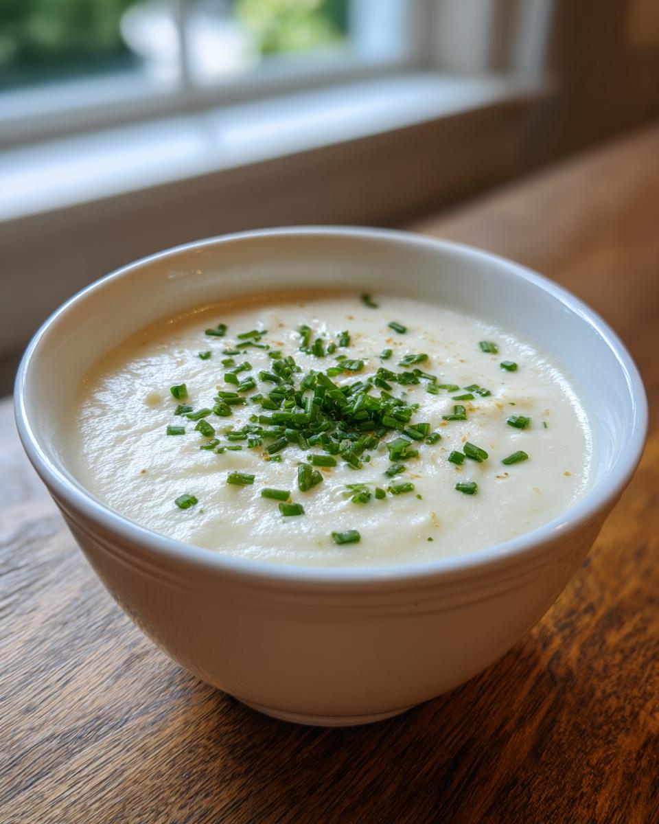 A close-up of a bowl of creamy cauliflower soup garnished generously with chopped green chives.