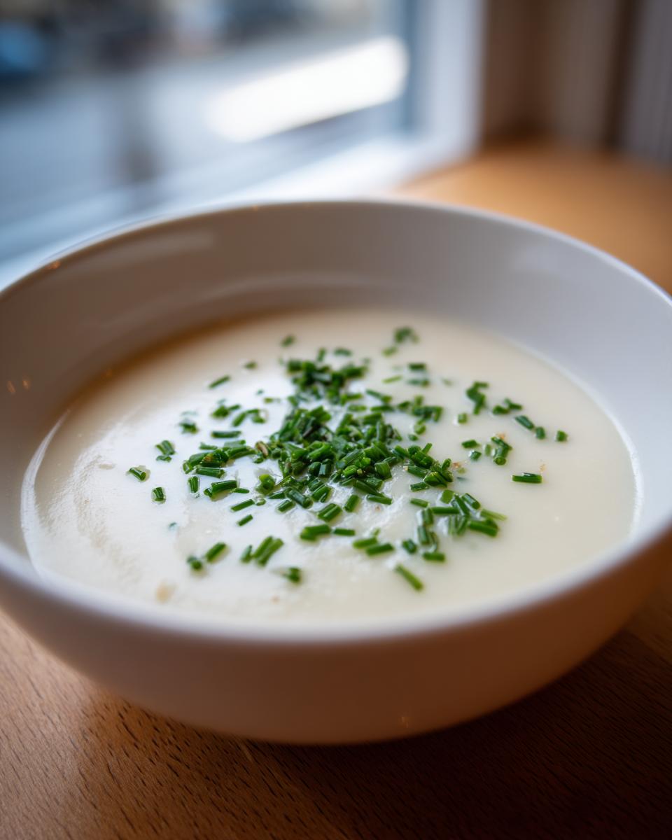 A close-up of creamy white cauliflower soup topped generously with freshly chopped green chives in a white bowl.