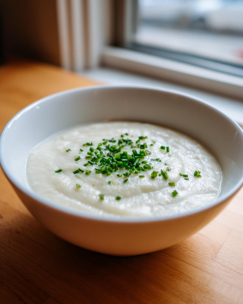 A close-up of a bowl of creamy white cauliflower soup topped with freshly chopped green chives.