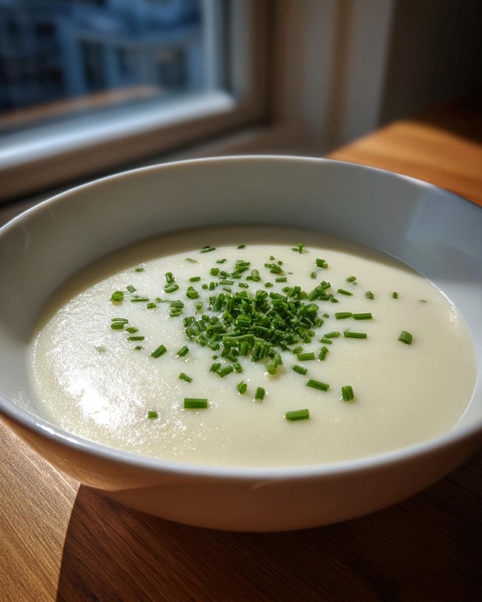 A close-up of a bowl of smooth, creamy cauliflower soup topped generously with freshly chopped green chives.