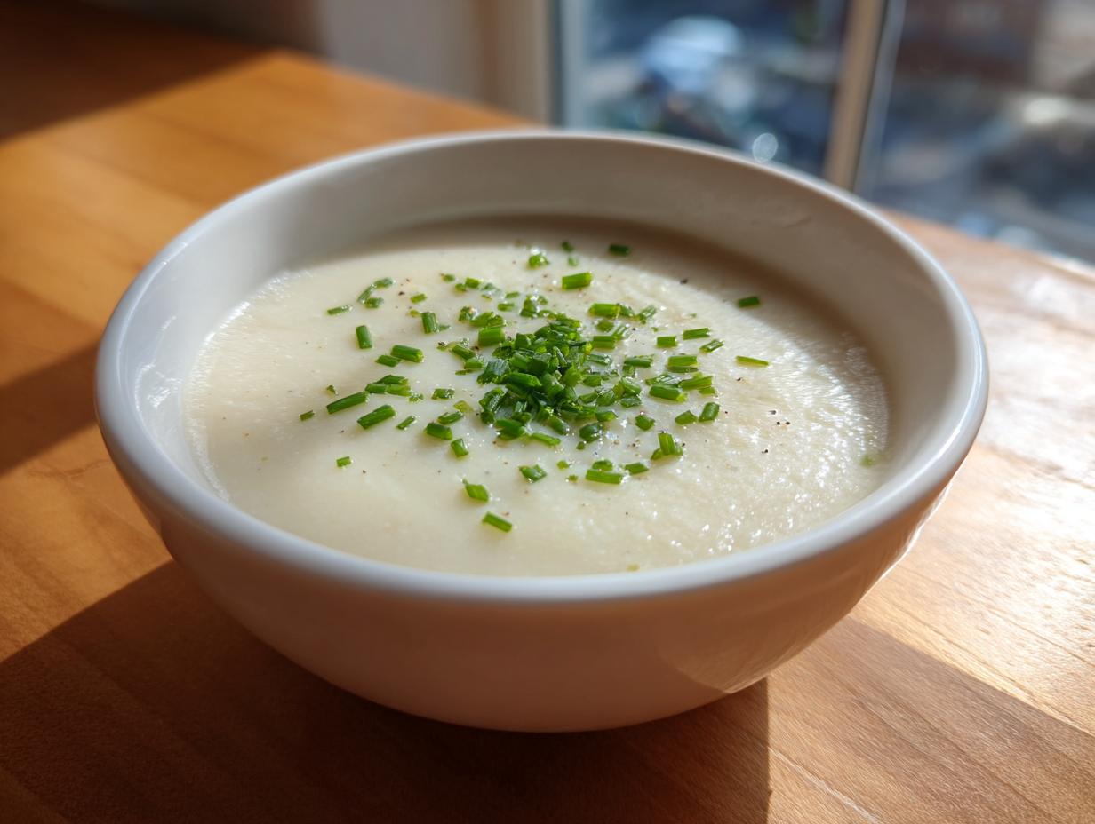 A close-up of a white bowl filled with creamy cauliflower soup, topped with chopped fresh chives and black pepper.