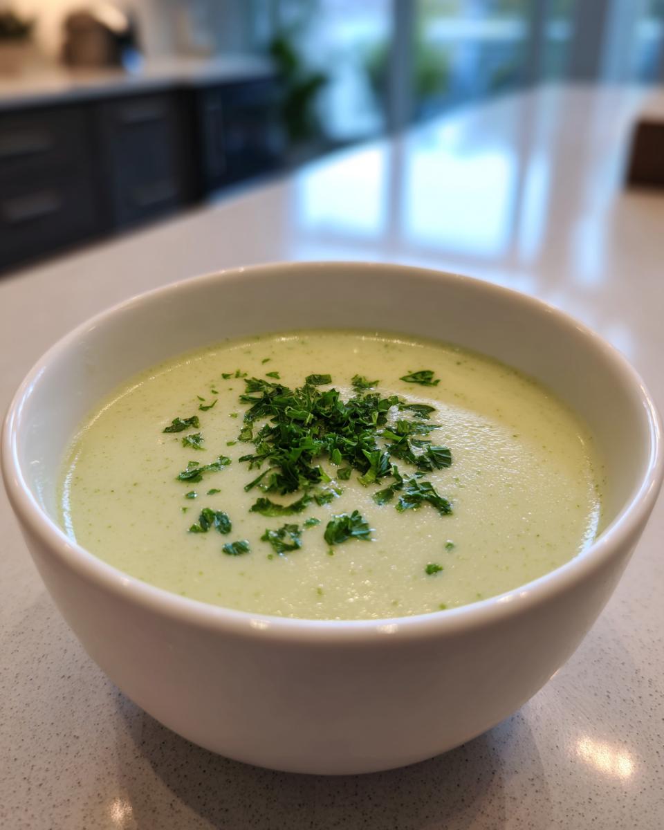 A close-up of a bowl of creamy celery soup topped with finely chopped fresh parsley.