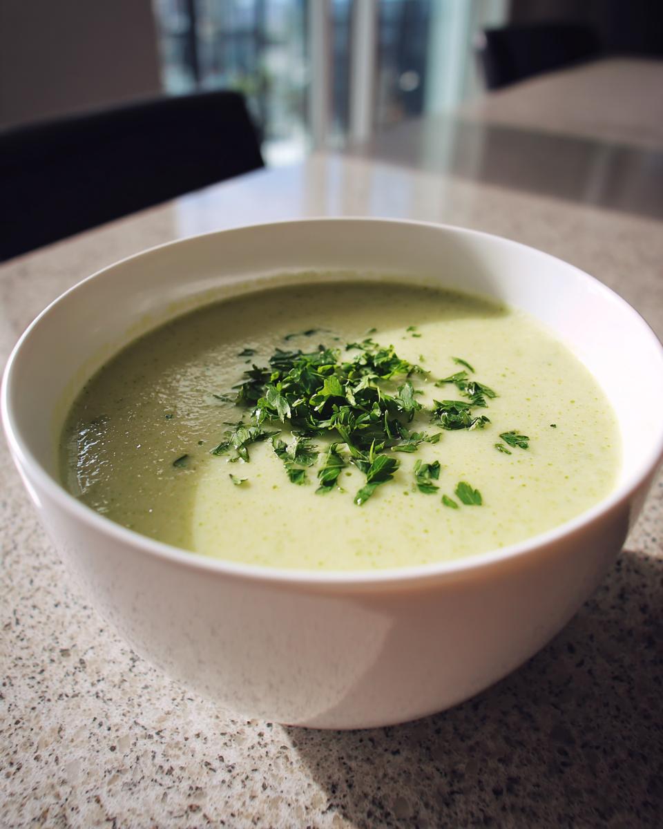 A close-up of a bowl of creamy celery soup topped with chopped fresh parsley.