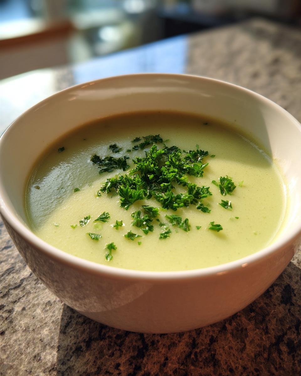 A close-up of a creamy, light green celery soup garnished with fresh chopped parsley in a white bowl.