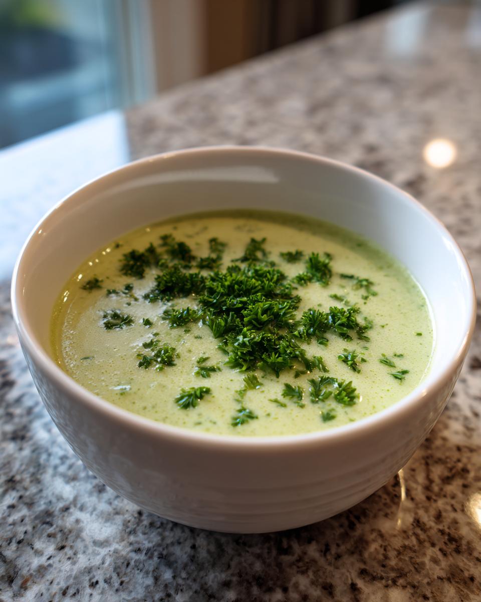Close-up of a bowl of creamy celery soup topped generously with chopped fresh parsley.