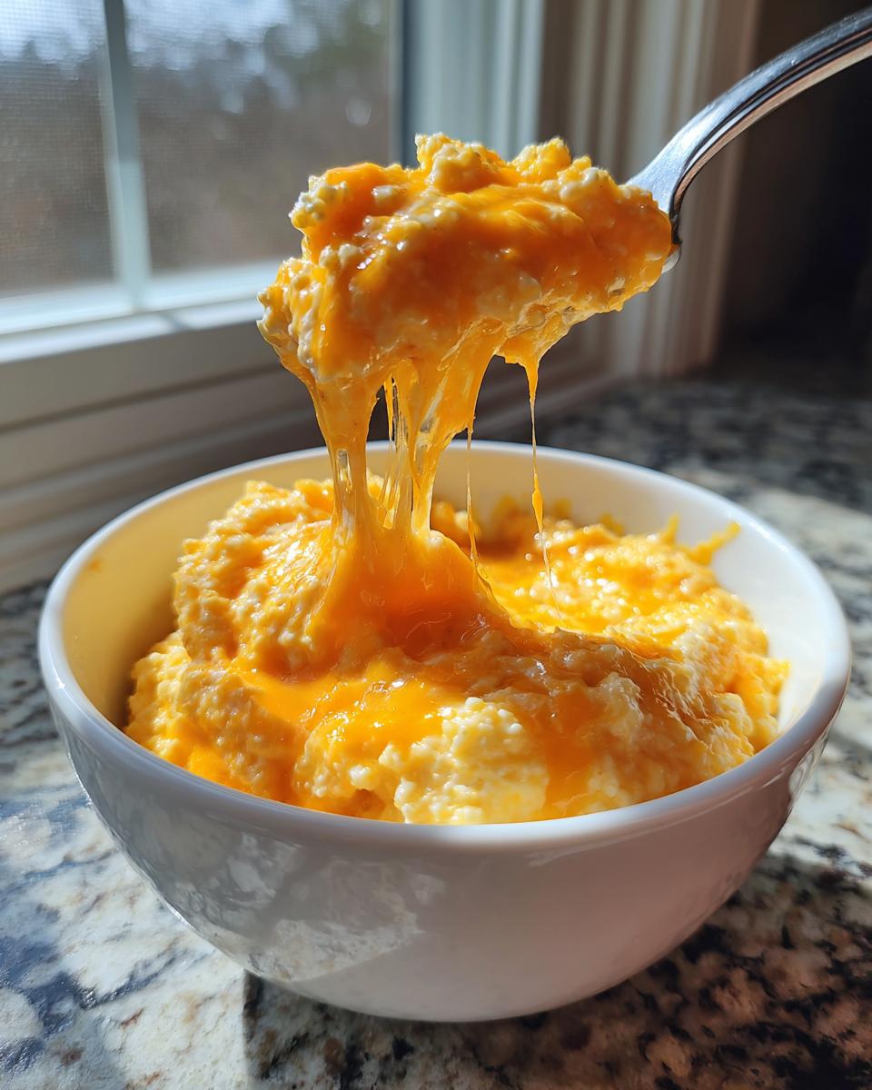 A spoonful of creamy cheese grits showing a dramatic, long cheese pull over a white bowl.