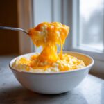 A spoonful of creamy cheese grits lifted from a white bowl, showing long, gooey strings of melted cheddar cheese.