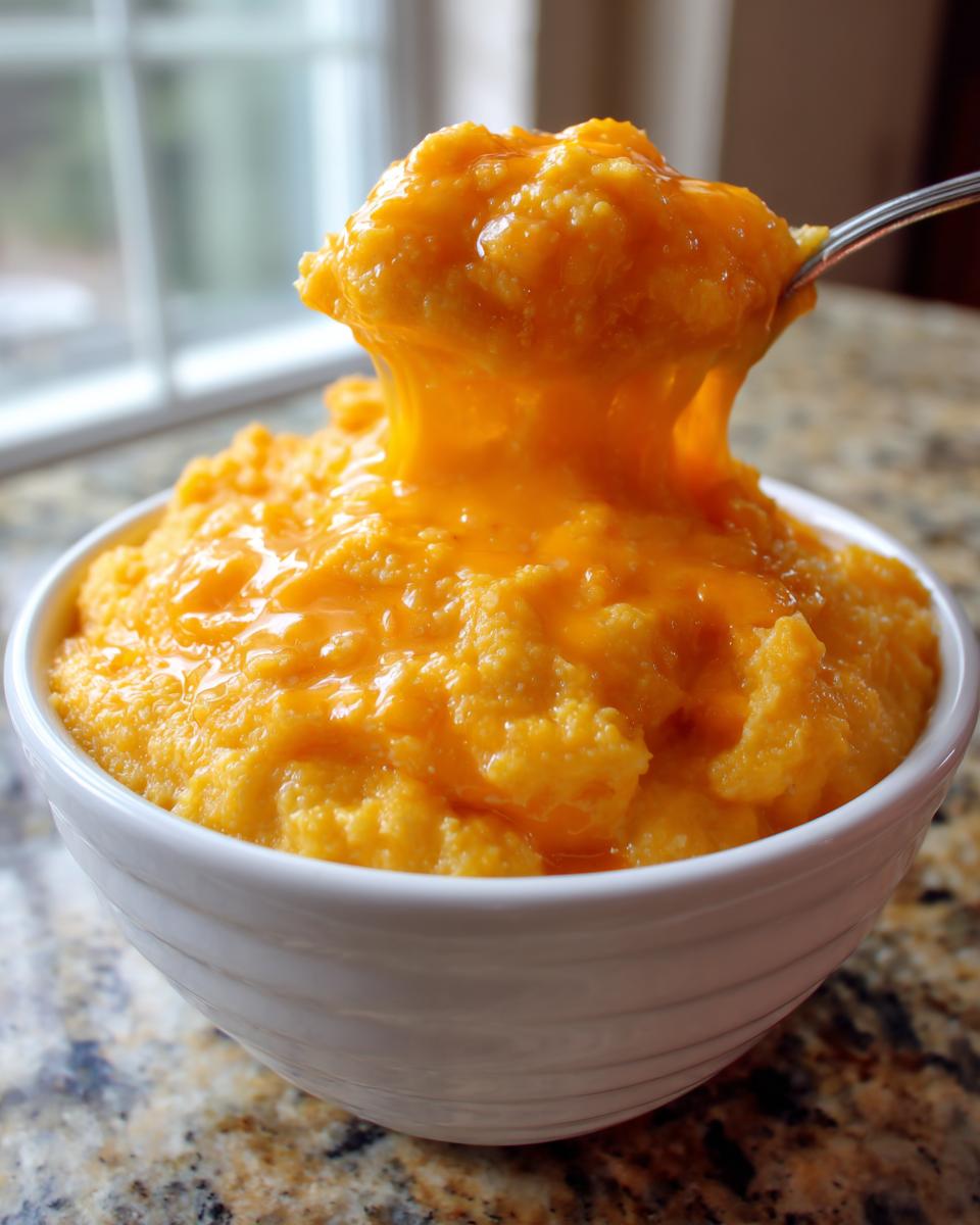 A spoonful of rich, orange cheese grits is being lifted from a white bowl, showing the gooey, melted texture of the cheese grits.