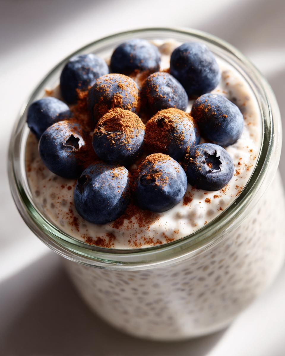 Overhead close-up of creamy chia seed pudding topped with fresh blueberries and a dusting of cinnamon.