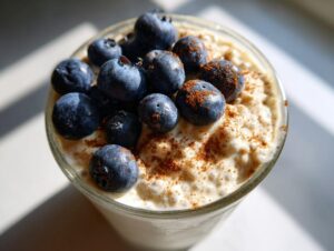 Overhead close-up of creamy chia seed pudding in a glass, topped with fresh blueberries and a dusting of cinnamon.