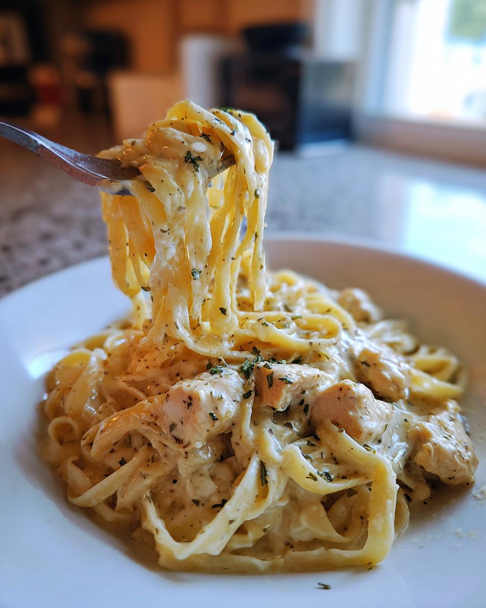 A fork lifting a twirl of creamy chicken fettuccine alfredo pasta from a white bowl, topped with herbs.