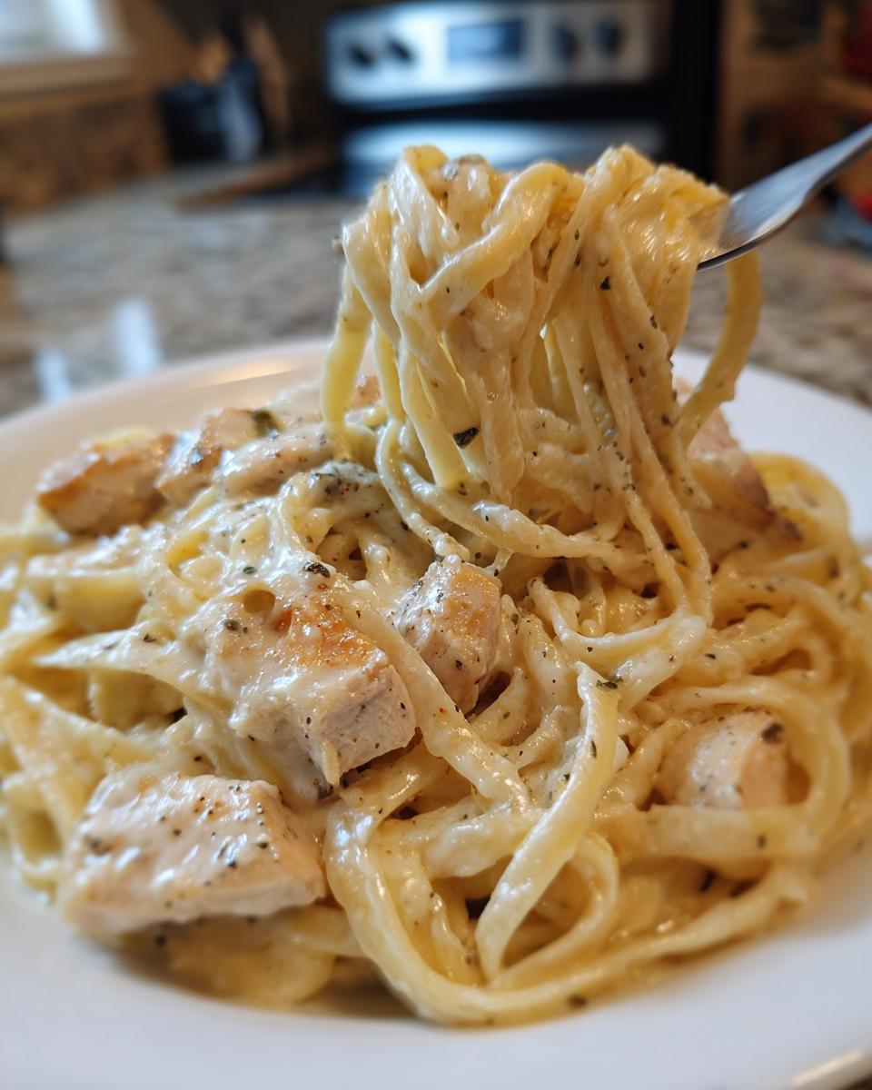 A fork lifting a generous portion of creamy chicken fettuccine alfredo pasta from a white plate.