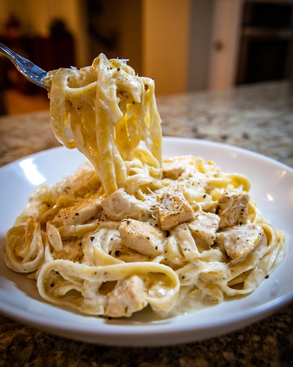 A fork lifting a twirl of creamy chicken fettuccine alfredo pasta from a white bowl, showing chunks of seasoned chicken.