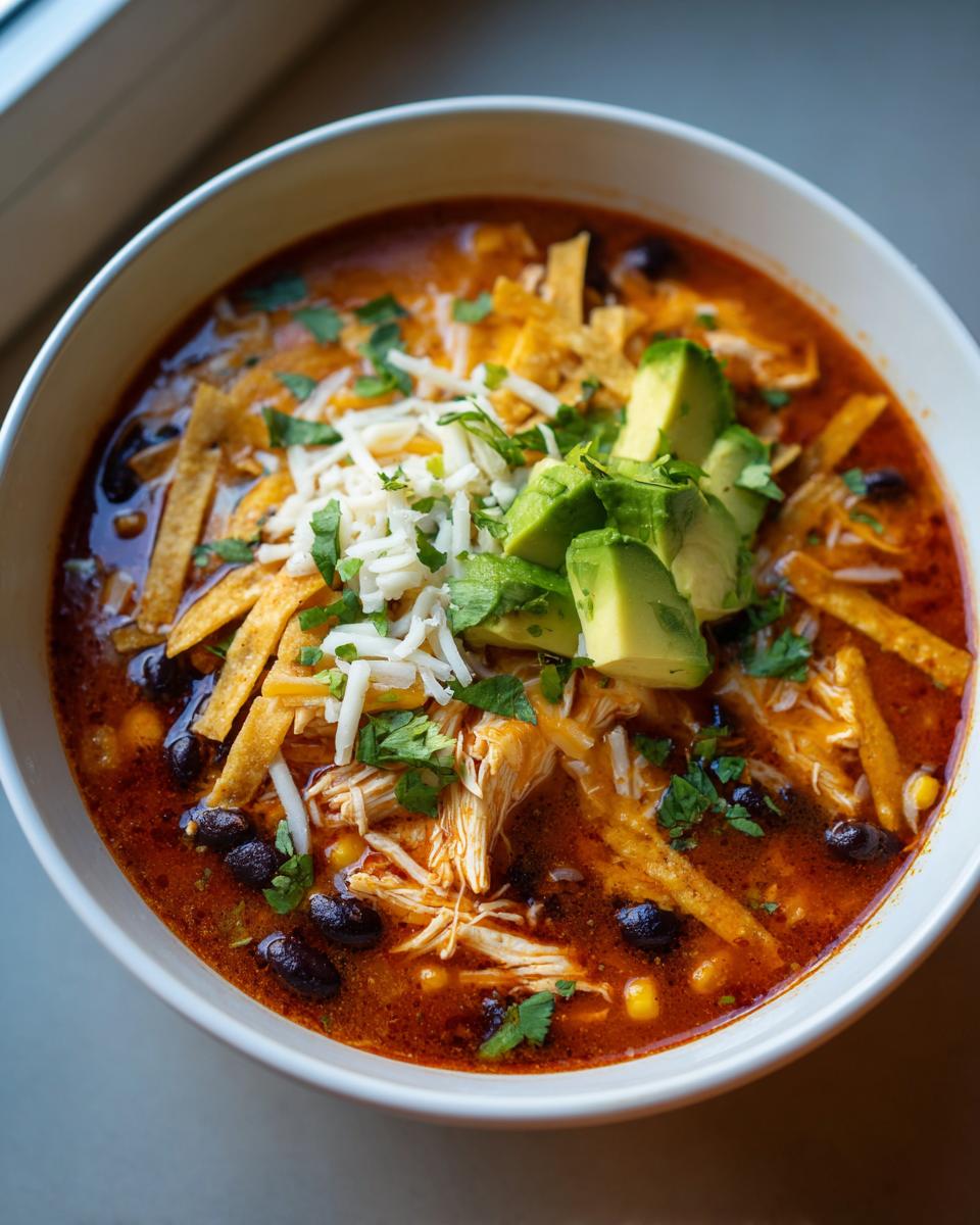 A close-up of a bowl of creamy chicken tortilla soup topped with shredded cheese, avocado, and tortilla strips.