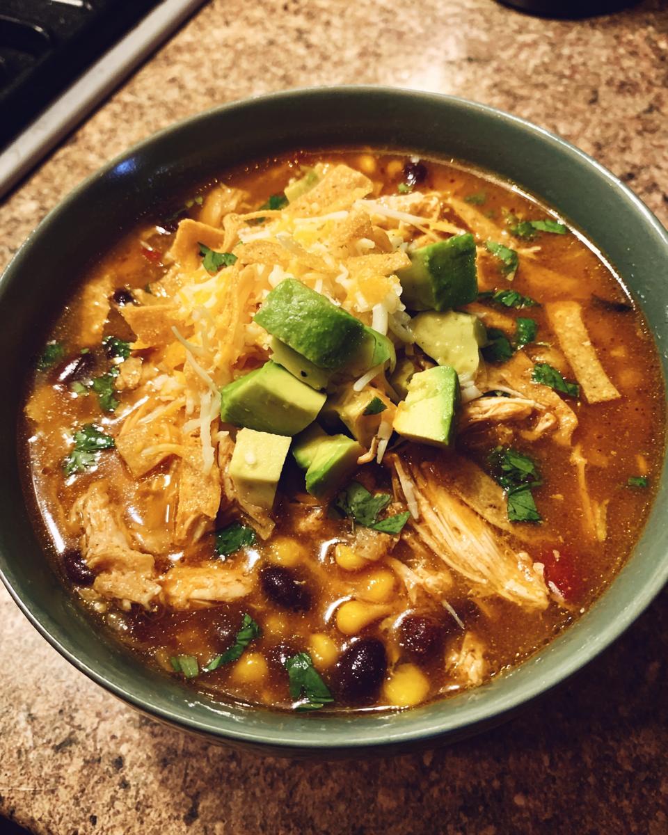 Close-up of a bowl of creamy chicken tortilla soup topped with avocado, cheese, and tortilla strips.