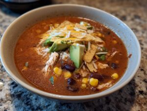 A close-up of a hearty bowl of creamy chicken tortilla soup topped with avocado, cheese, and tortilla strips.