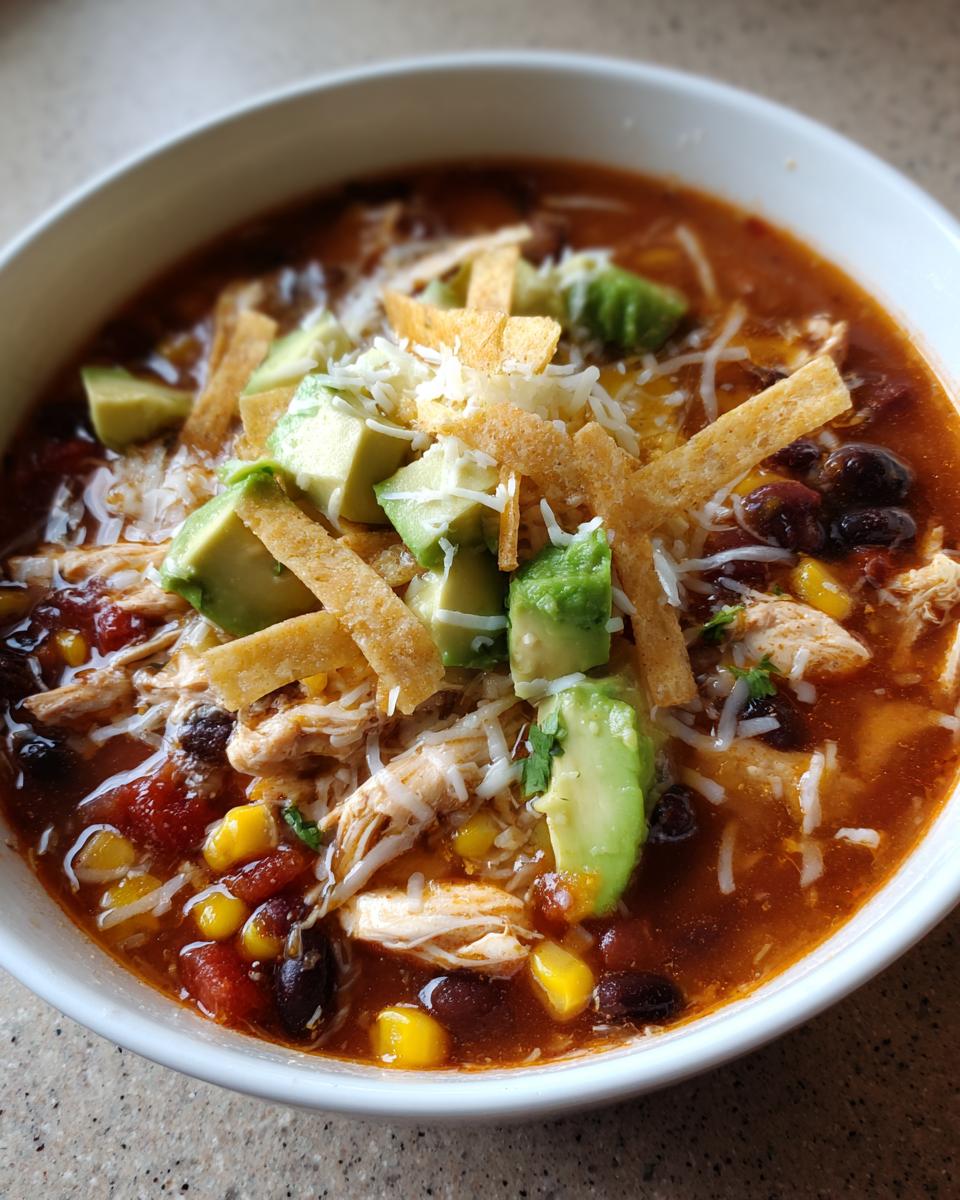 A close-up of a bowl of creamy chicken tortilla soup topped with avocado, cheese, and tortilla strips.