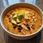 A close-up of a bowl of creamy chicken tortilla soup topped with shredded chicken, avocado, cheese, and tortilla strips.