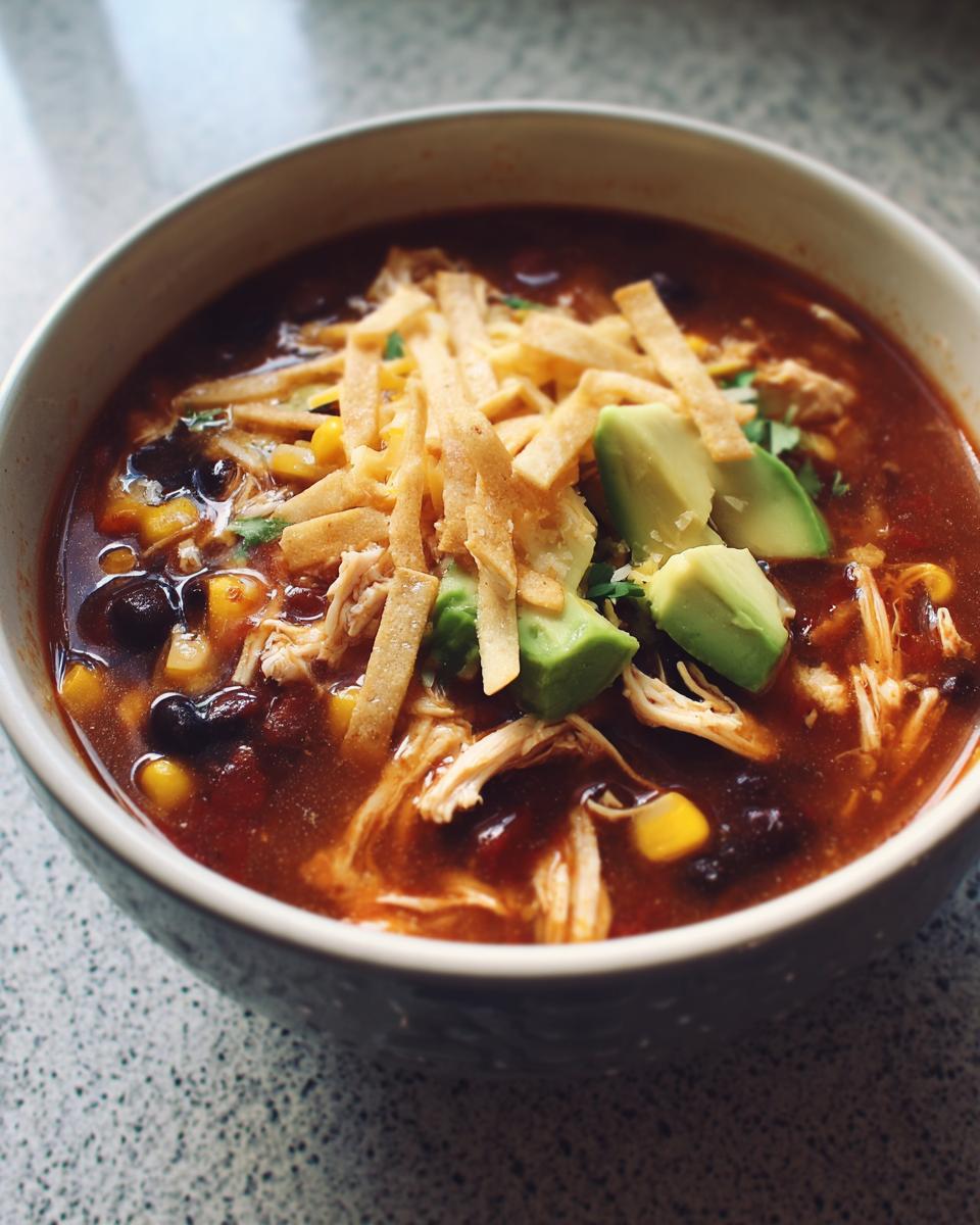 A close-up of a bowl of creamy chicken tortilla soup topped with shredded chicken, black beans, corn, avocado, and crispy tortilla strips.