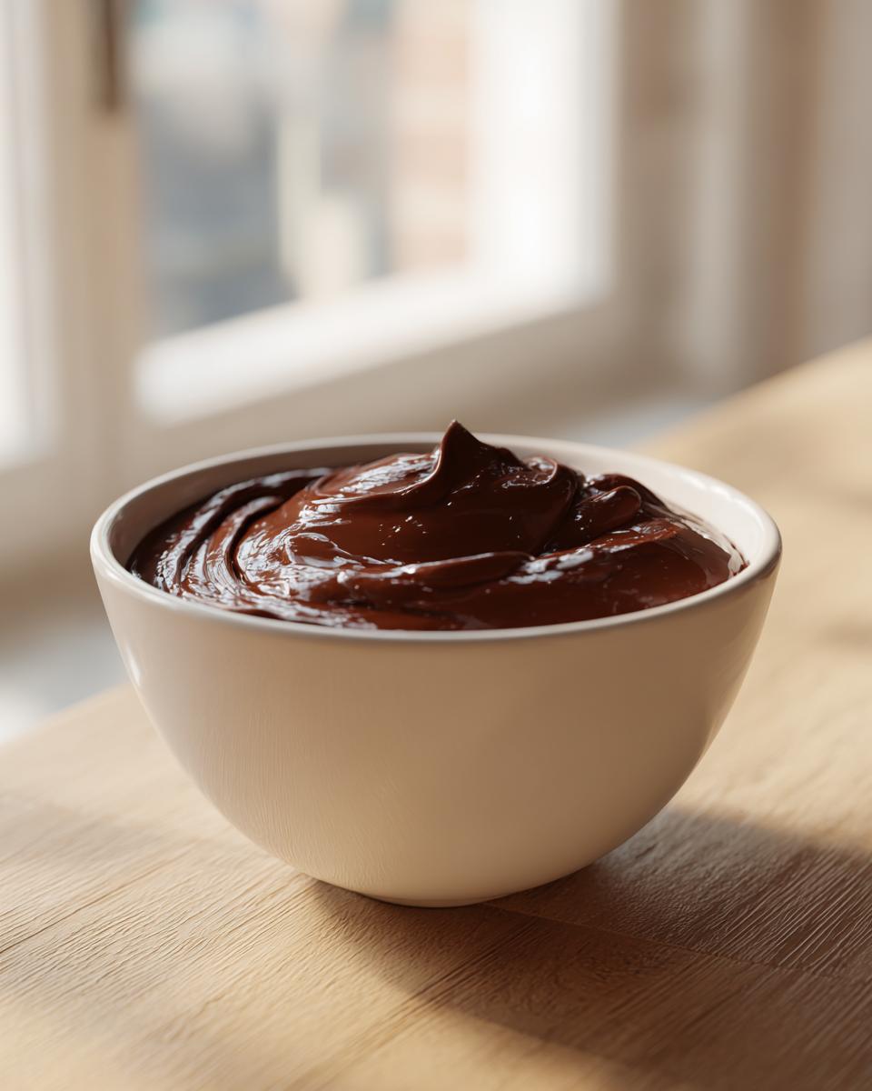 A close-up of rich, dark chocolate pudding swirled high in a white bowl, set on a wooden surface.