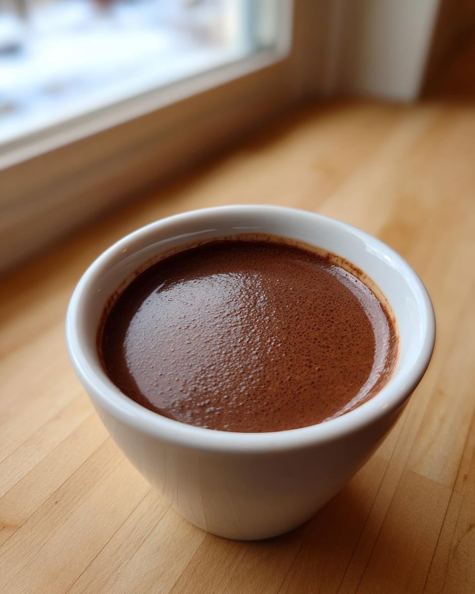 Close-up of rich, creamy chocolate pudding served in a small white cup on a wooden surface.