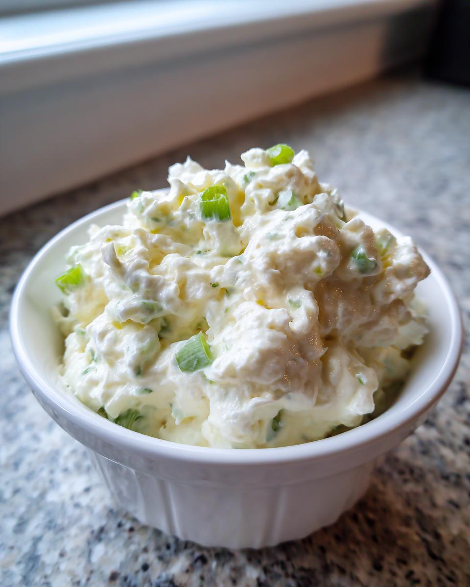 A close-up of thick, creamy clam dip topped with chopped green onions, served in a small white bowl.