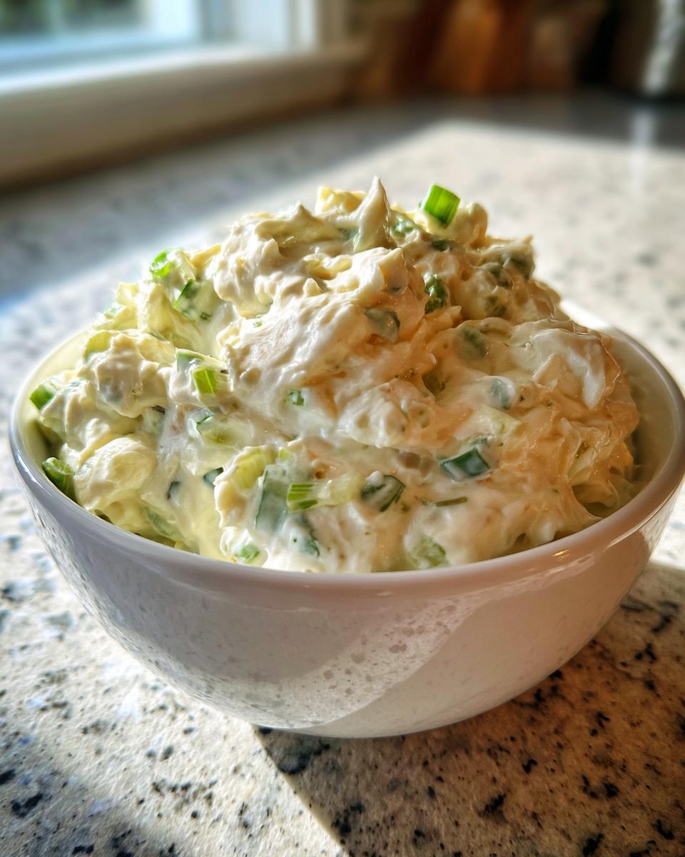 A close-up of creamy, textured clam dip topped with chopped green onions, served in a white bowl.