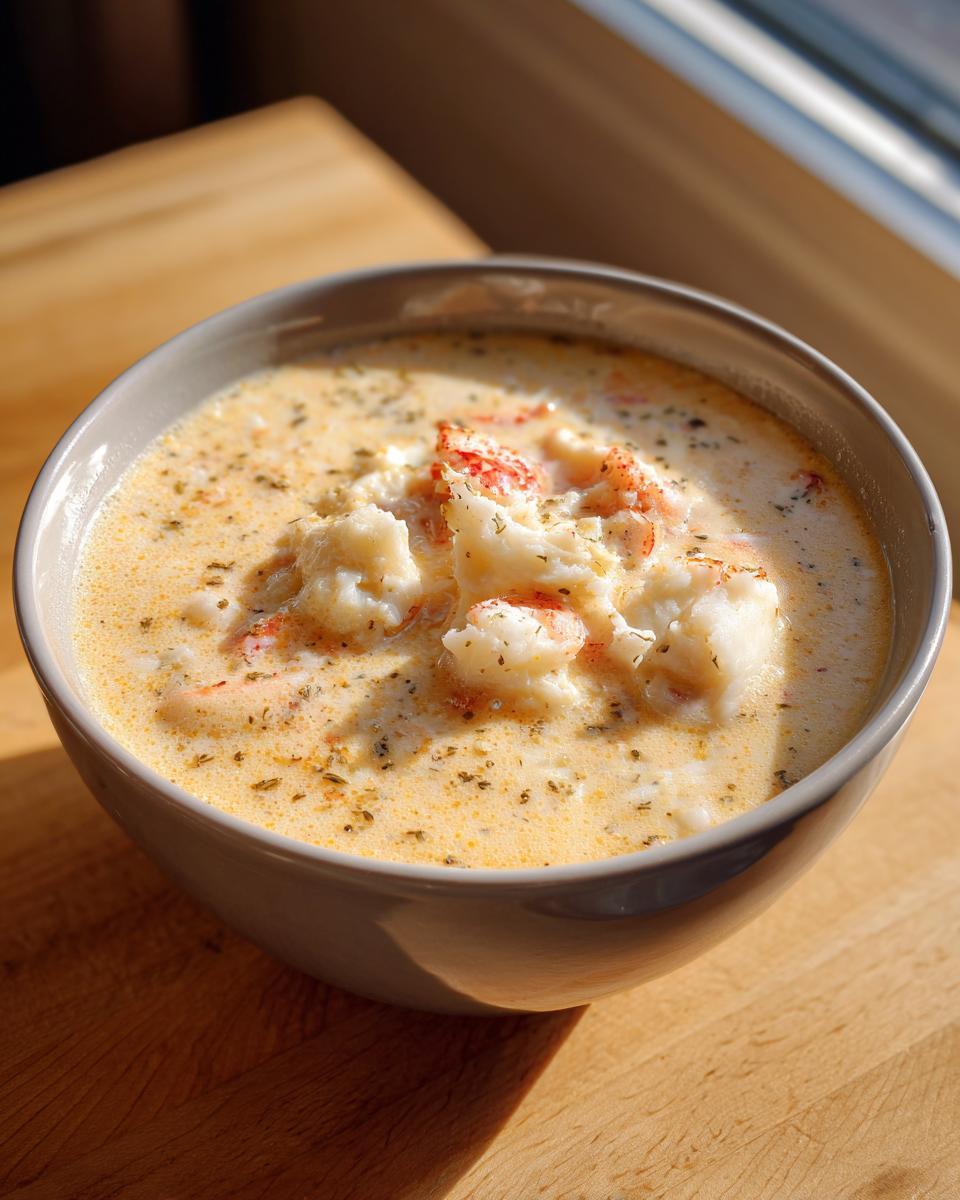 A close-up of a bowl of creamy, rich crab soup topped with generous flakes of white and red crab meat.