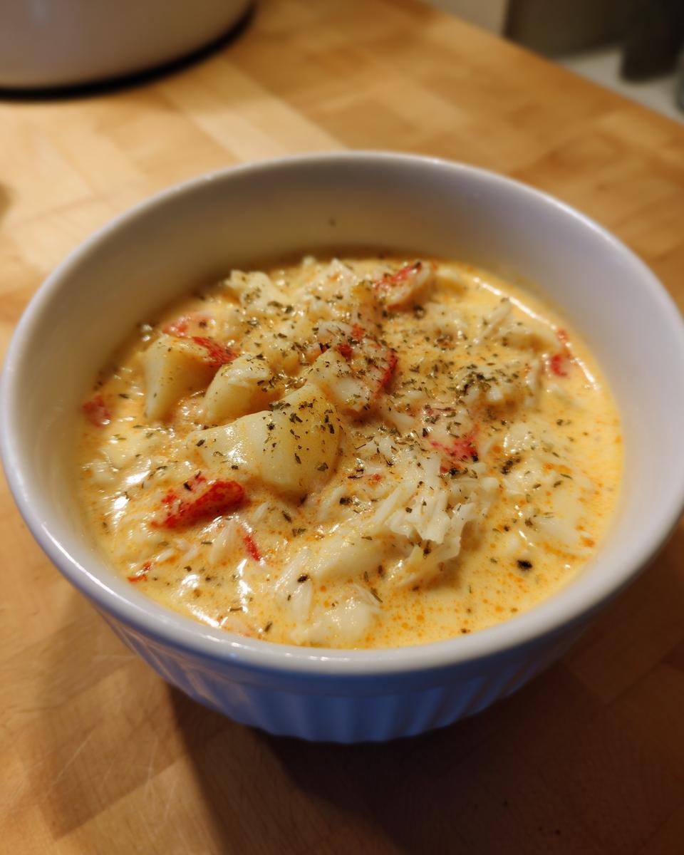 Close-up of a creamy, rich crab soup loaded with white crab meat and topped with dried herbs.
