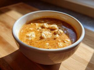 A close-up of a creamy, orange-hued crab soup topped with chunks of white crab meat and black pepper.