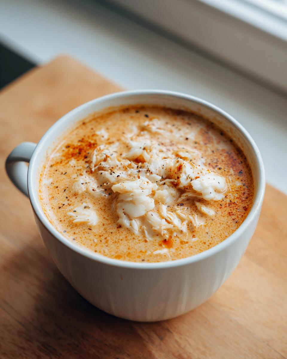 A close-up of a creamy, orange-hued crab soup served in a white mug, generously topped with white flaked crab meat and black pepper.