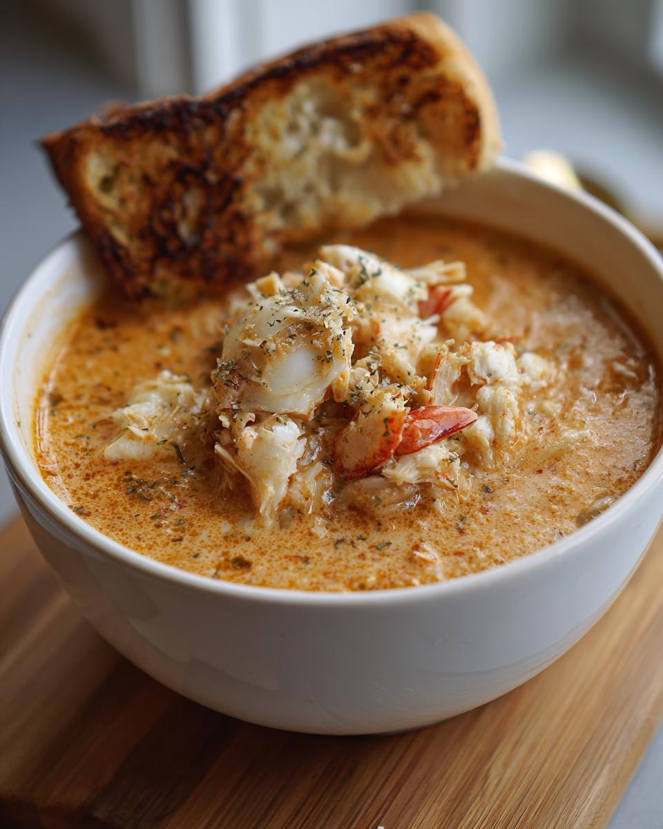 A close-up of a bowl of creamy, orange-hued crab soup generously topped with shredded crab meat and herbs, served with toasted bread.