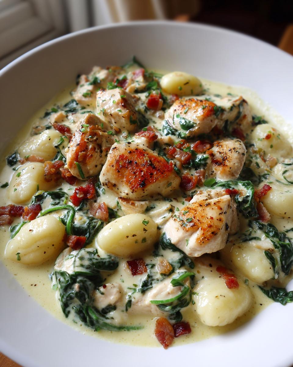Close-up of creamy crack chicken gnocchi dish featuring seared chicken pieces, spinach, bacon bits, and soft gnocchi in a rich sauce.