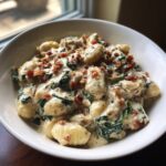 A white bowl filled with creamy crack chicken gnocchi, mixed with spinach and topped with crispy bacon bits.