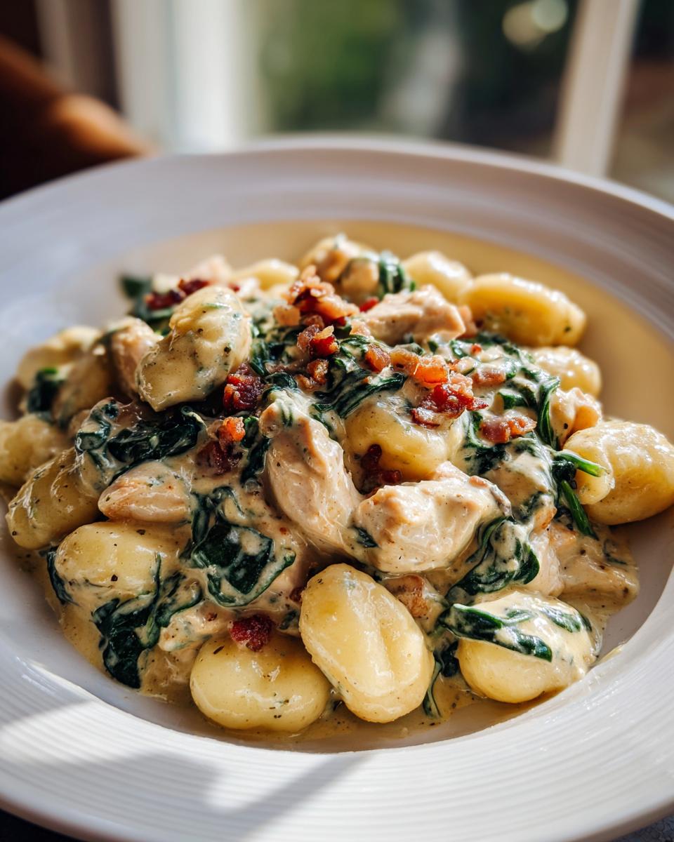 Close-up of creamy crack chicken gnocchi dish featuring tender gnocchi, chicken pieces, wilted spinach, and crispy bacon bits.