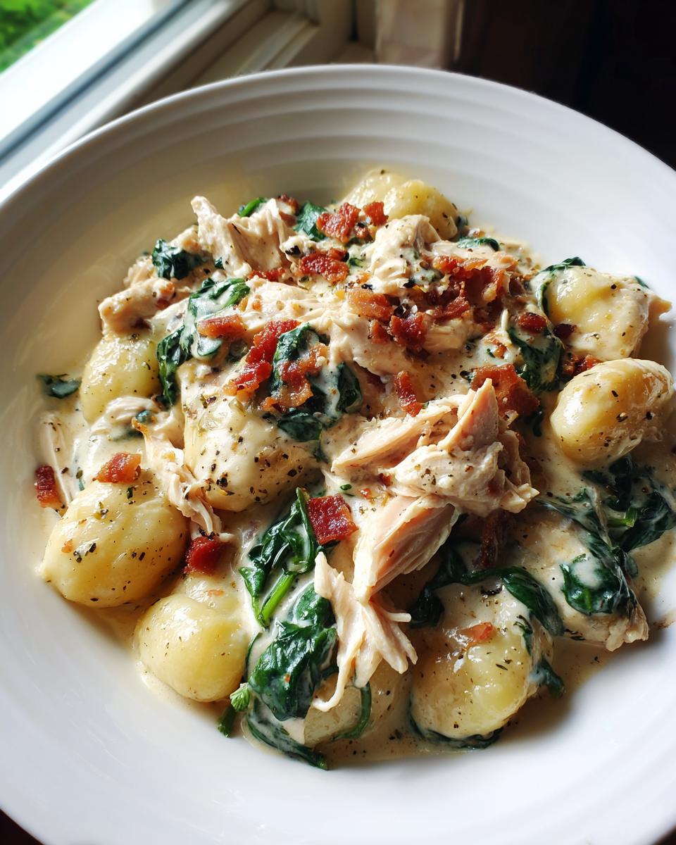 A close-up of creamy crack chicken gnocchi served in a white bowl, featuring shredded chicken, spinach, and bacon bits.