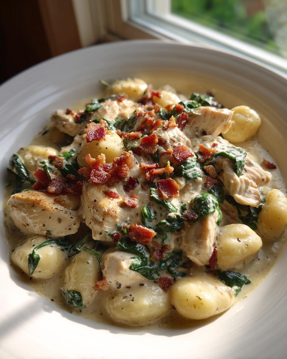 A close-up serving of creamy crack chicken gnocchi mixed with spinach and topped with crispy bacon bits.