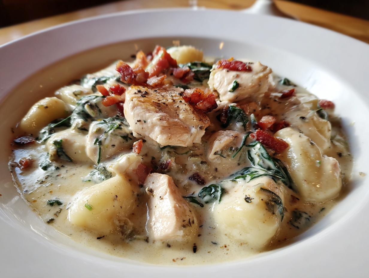 Close-up of creamy crack chicken gnocchi featuring chunks of chicken, spinach, and bacon bits in a rich sauce.