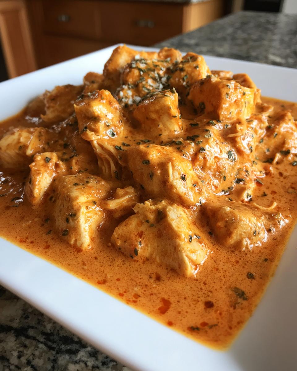 Close-up of tender chicken pieces coated in a rich, creamy orange sauce, garnished with herbs, representing crockpot marry me chicken.